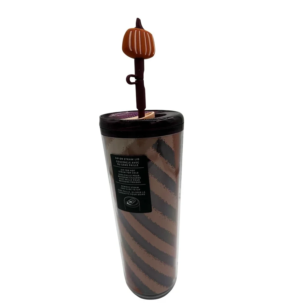 Starbucks 24oz Tumbler Cup Pumpkin Straw Topper Fall Stripes Cold Hot Lid Travel